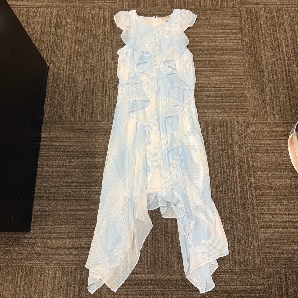 Belle Sky Light Baby Blue and White Ruffle Maxi Dress with Buttons on Chest